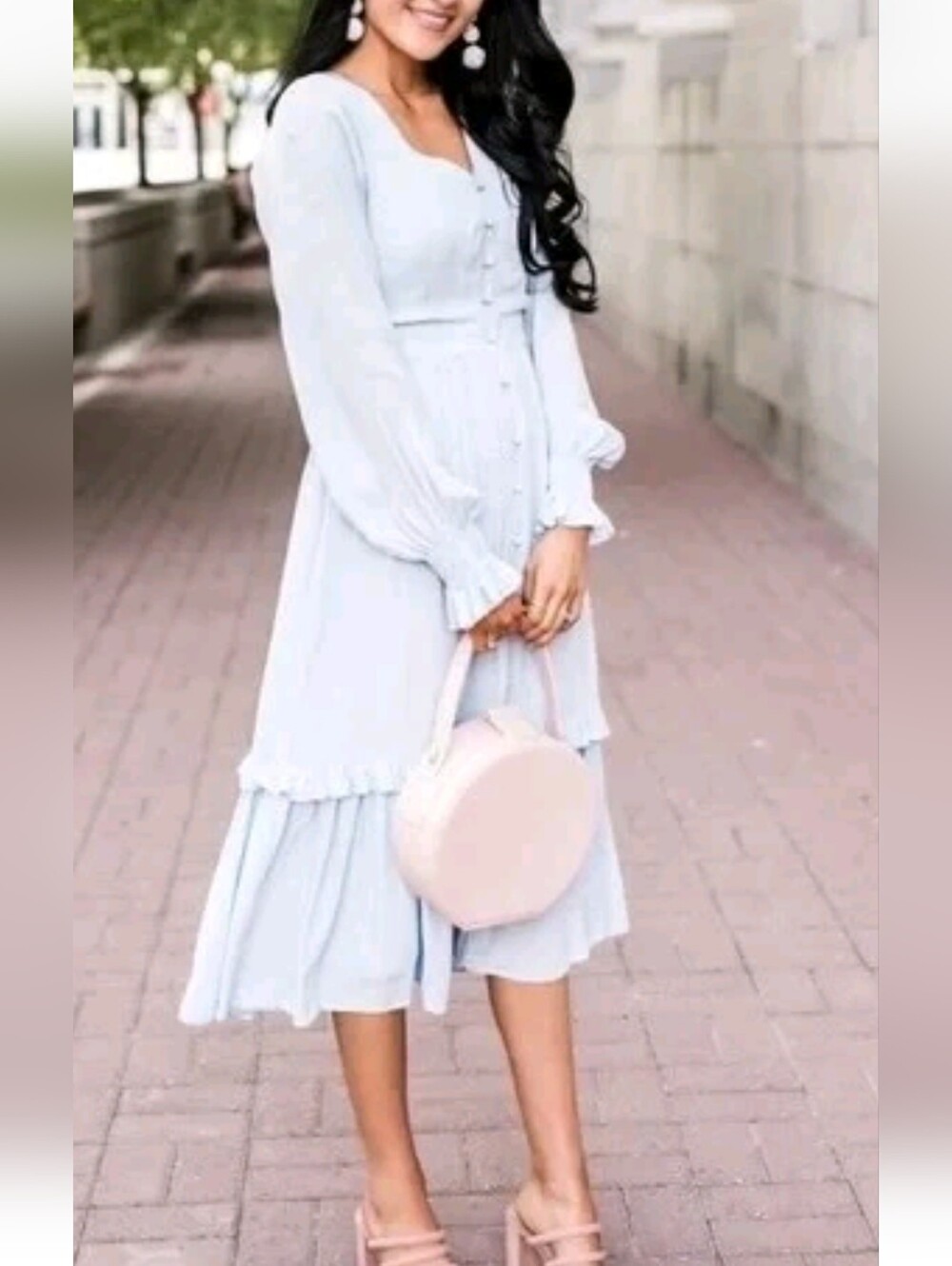 Rare Rachel Parcell Blue Hydrangea Long Sleeve Button Tiered Midi Maxi Dress